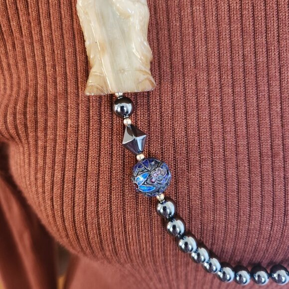 Vintage Hematite, Cloisonné Beaded Necklace with Jade Figurine 33” - Picture 4 of 7